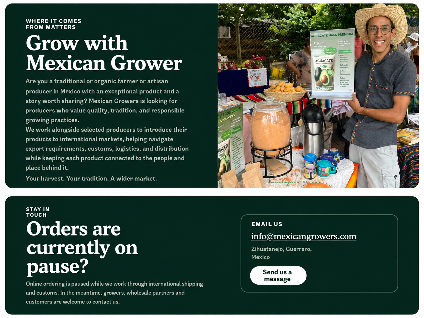 Grow with Mexican Grower. Information for traditional or organic farmers and artisan producers, followed by an orders currently on pause contact section with info@mexicangrowers.com.