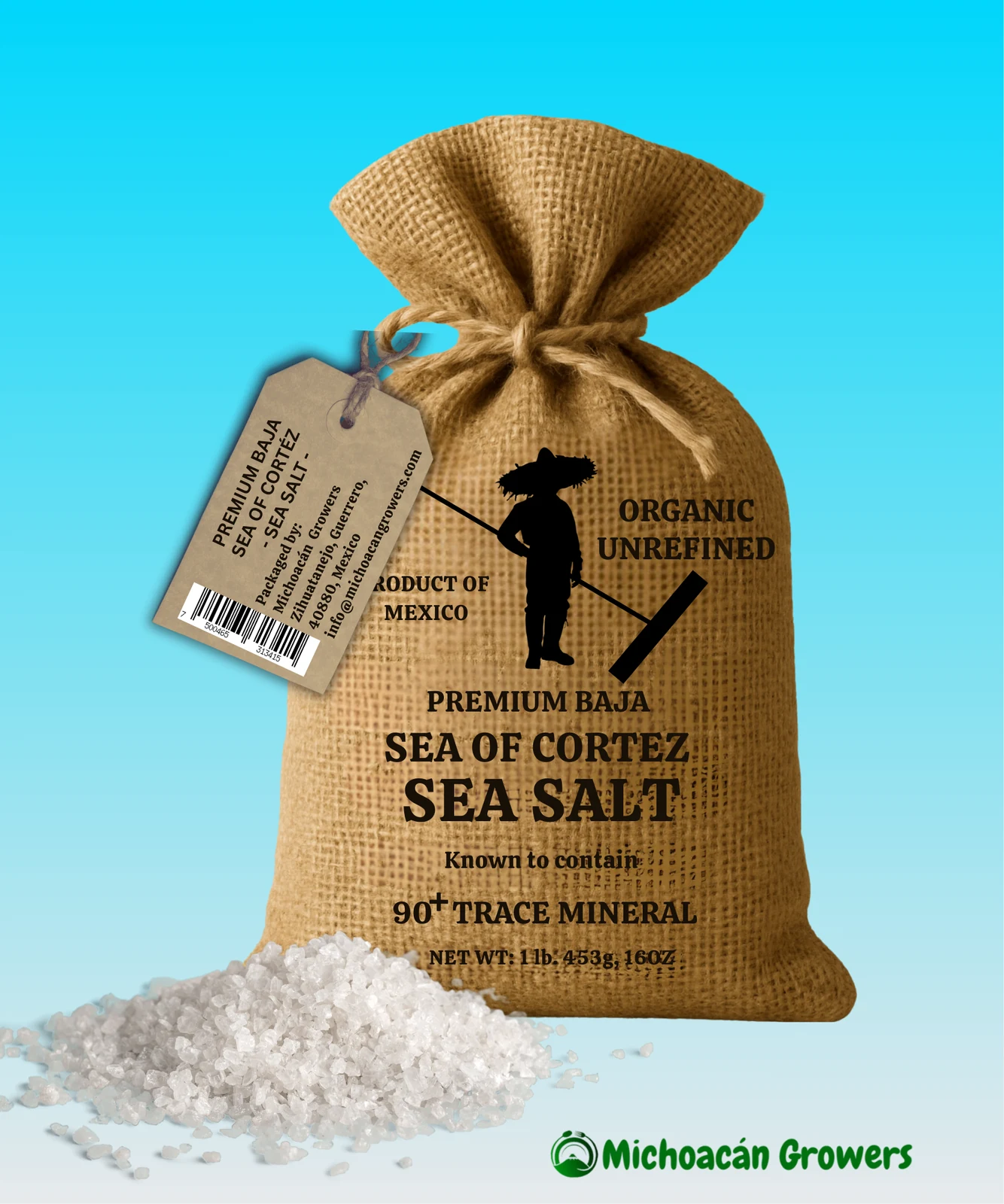 Michoacán Growers Sea of Cortez Sea Salt package with coarse sea salt crystals
