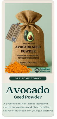 Avocado Seed Powder product card with full package image, description, and Get Some Today button