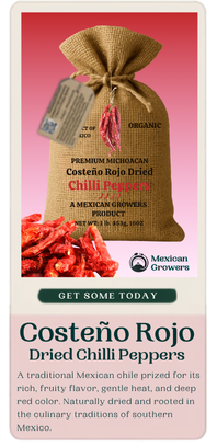 Costeño Rojo dried chilli peppers product card with full package image, description, and Get Some Today button