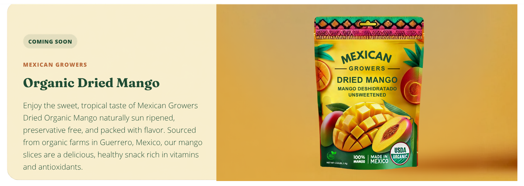 Organic Dried Mango coming soon feature card